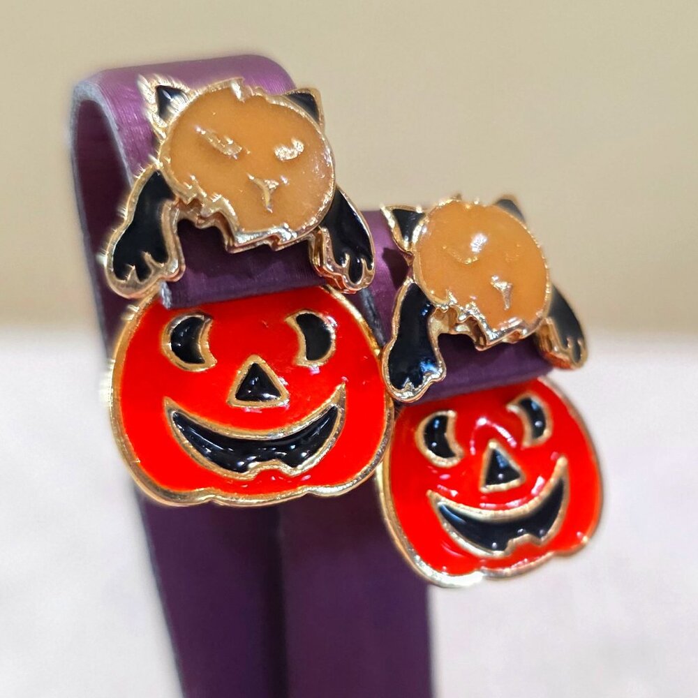Vintage Pumpkin Cat Kitty Signed Gold Halloween Spooky Cute Pierced Earrings